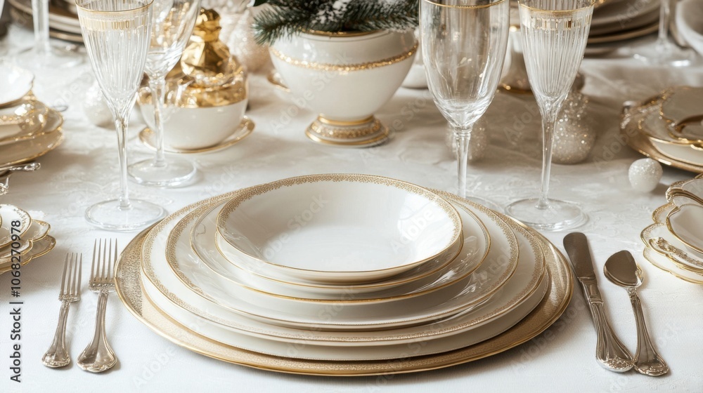 Christmas dinner table setting in white and gold, prepared for a holiday meal Christmas dinner table setting in white and gold, prepared for a holiday meal