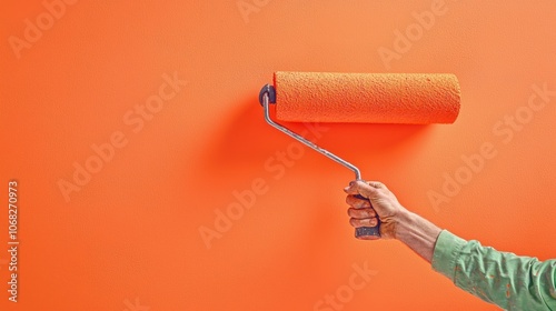 A hand holding a paint roller against a vibrant orange wall, illustrating a painting or home improvement project. photo