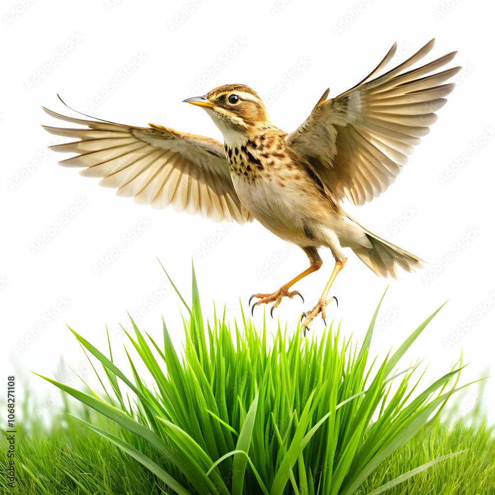 Fototapeta premium lark-flying-and-touching-grass-on-whtie-back-groun