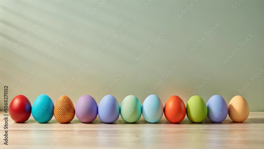 A row of colorful Easter eggs on a wooden table with a green background. A row of colorful Easter eggs on a wooden table with a green background.