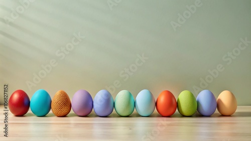 A row of colorful Easter eggs on a wooden table with a green background.