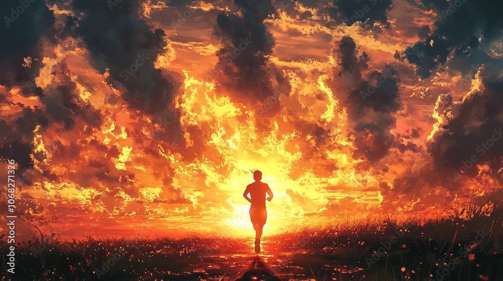 Silhouetted runner sprinting towards a vibrant sunset with dramatic clouds Silhouetted runner sprinting towards a vibrant sunset with dramatic clouds