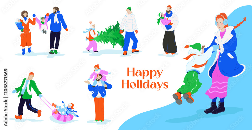 Fototapeta premium Set of Families in winter season
