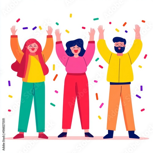 Three cheerful people celebrating with raised hands and confetti.