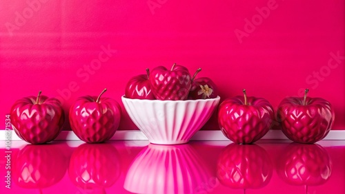 Pink heart-shaped apples in a white bowl on a reflective surface against a vibrant pink backdrop.