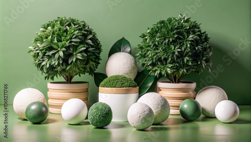 Three potted plants with green leaves and white and green balls on a green background.