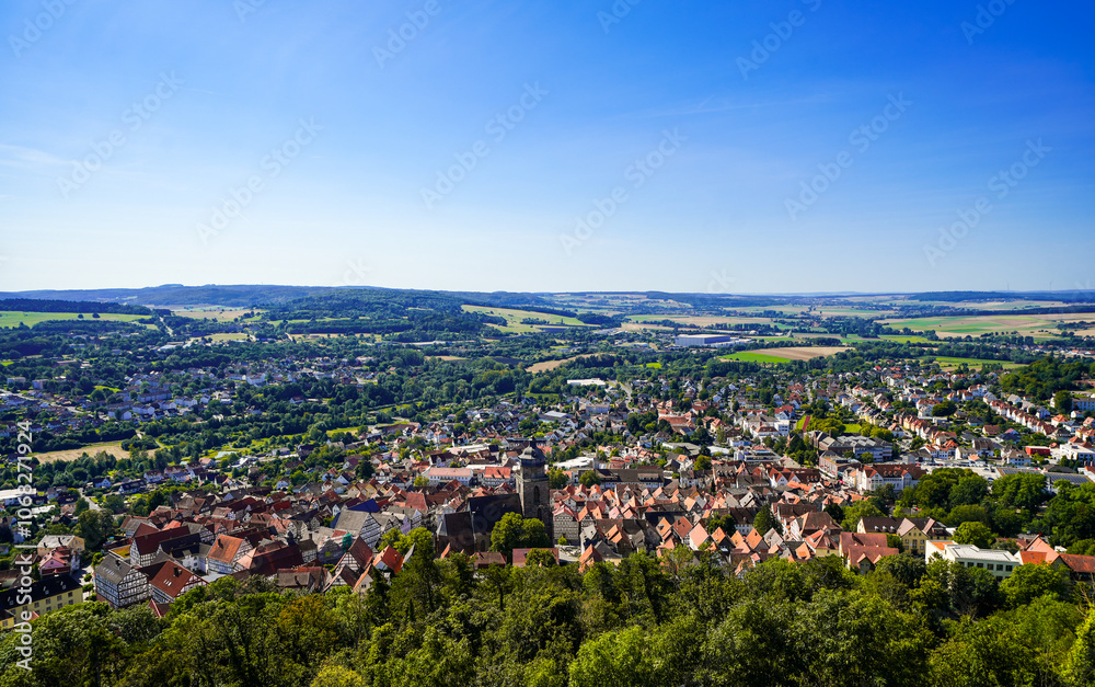 View of Homberg Efze and the surrounding green nature of the city. Landscape near the Schwalm-Eder district in northern Hesse.
View of Homberg Efze and the surrounding green nature of the city. Landscape near the Schwalm-Eder district in northern Hesse.