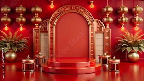 Red and gold podium with Chinese New Year decorations. (1)