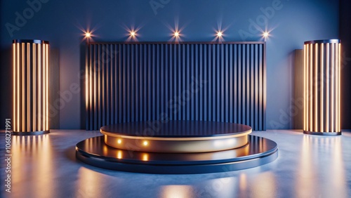 Modern minimalist podium with gold accents and lighting.