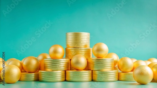 Golden spheres and cylinder podiums on a turquoise background.