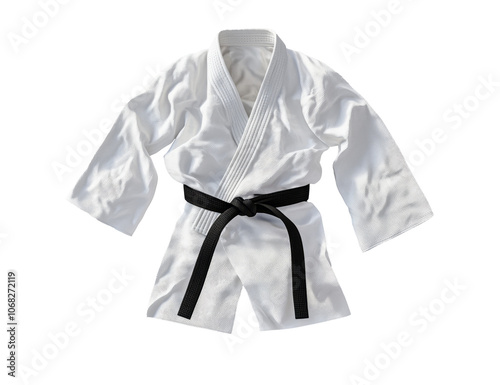 a white karate uniform with black belt