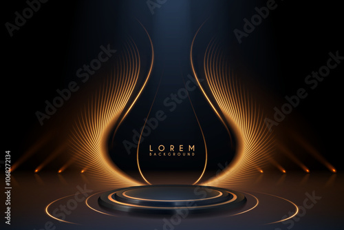 Stage with golden light effects on black background