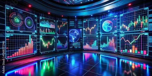 Nighttime Trading on a Cryptocurrency Exchange: Digital Charts and Monitors Illuminated in a Dark Room, Showcasing the Thrill and Complexity of Modern Financial Markets