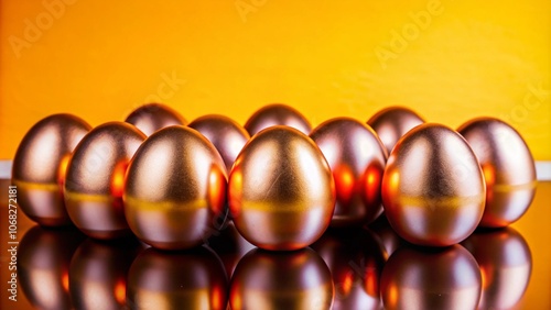 A group of golden eggs in a row on a black reflective surface against an orange background.