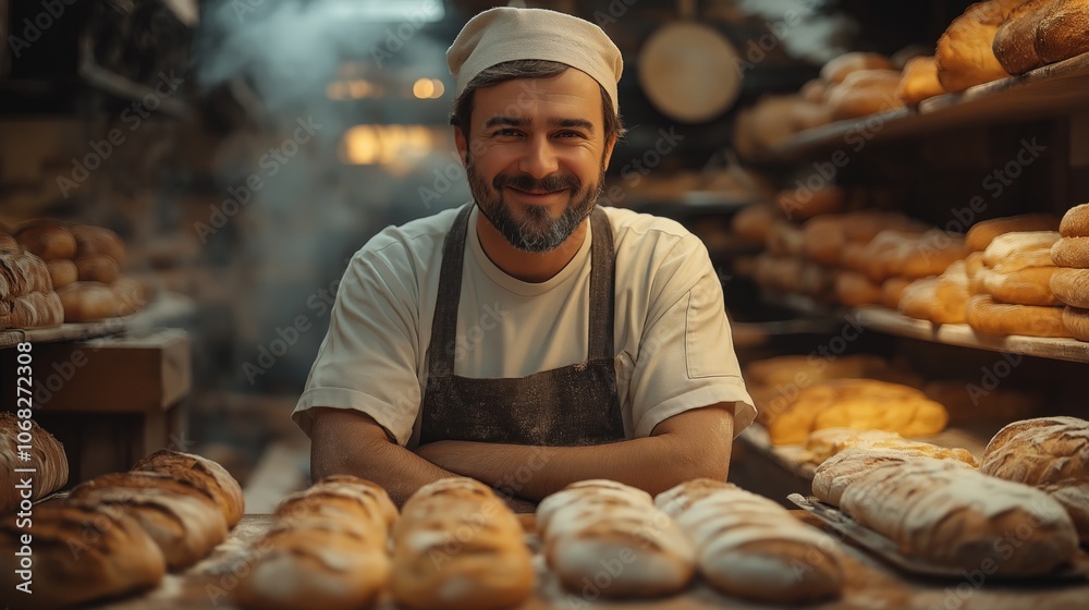 A smiling baker stands proudly in a bakery, surrounded by freshly baked loaves of bread.