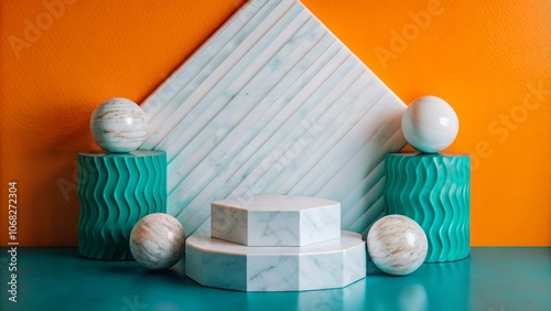 Abstract geometric podium with white marble texture and teal green cylindrical and spherical elements against an orange and white background.