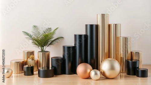 Black and gold cylinders and spheres on a wooden floor with a plant in front of a white wall.