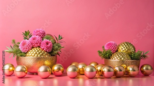 Two gold bowls with pink flowers and gold spheres on a pink background.