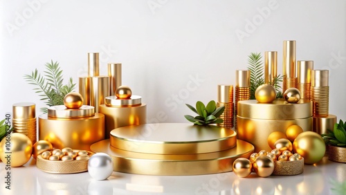 Golden podium with green plants and metallic spheres for product presentation.