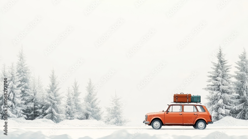 A car is driving on a winter road with luggage on the roof, a white background, and a large blank space on one side. This minimalist design is perfect for advertising or promotional materials. A car is driving on a winter road with luggage on the roof, a white background, and a large blank space on one side. This minimalist design is perfect for advertising or promotional materials.