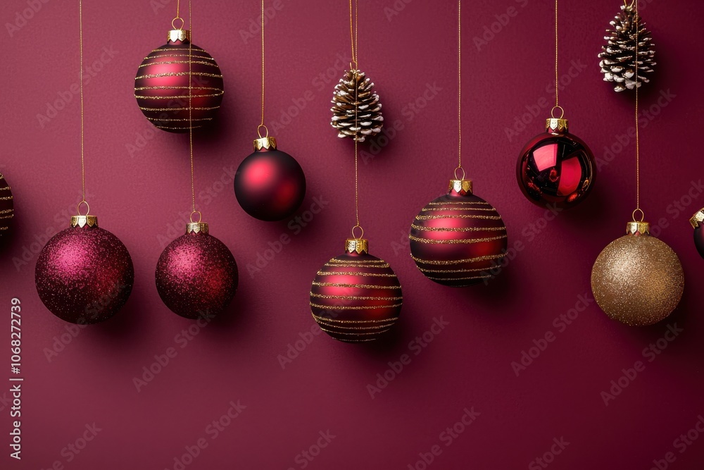 A festive arrangement of Christmas ornaments in red, gold, and natural tones, set against a rich burgundy background. A festive arrangement of Christmas ornaments in red, gold, and natural tones, set against a rich burgundy background.