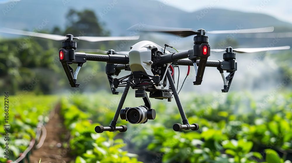 A white drone with red lights flies over a field of crops.