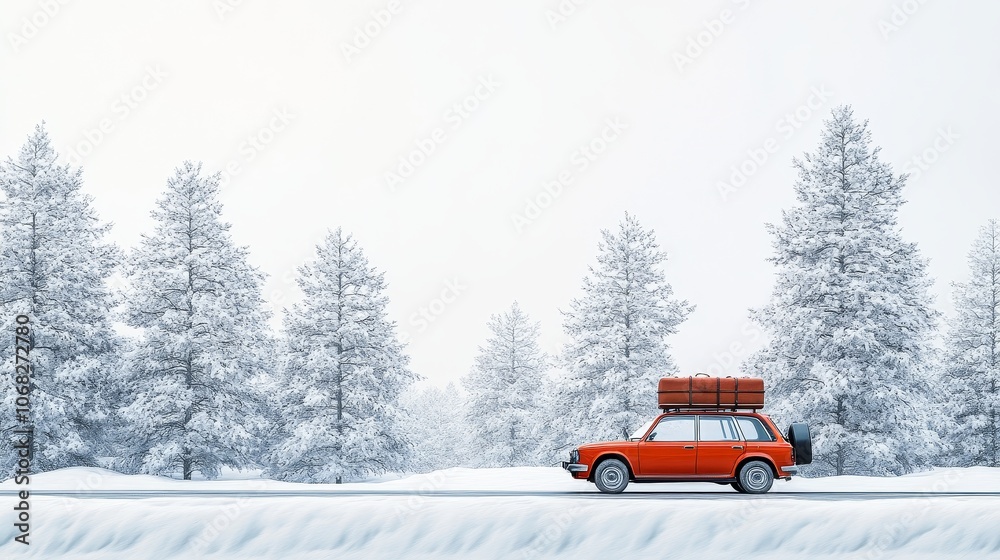 A car is driving on a winter road with luggage on the roof, a white background, and a large blank space on one side. This minimalist design is perfect for advertising or promotional materials.