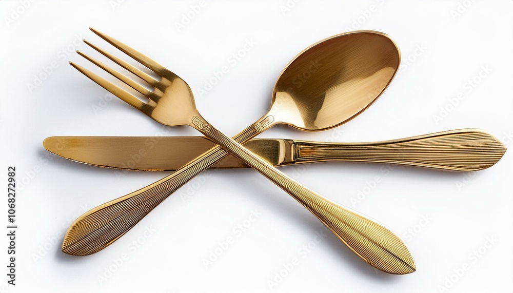 top view of golden fork and knife isolated on white top view of golden fork and knife isolated on white