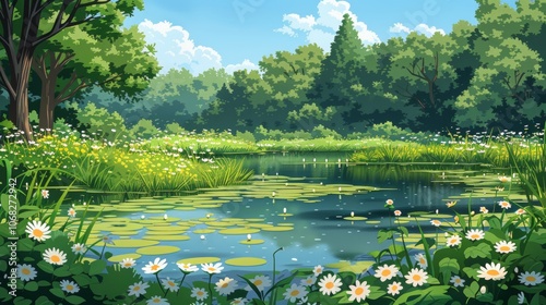 A serene pond surrounded by lush greenery and blooming flowers on a sunny day, inviting peaceful reflection and appreciation of nature's beauty