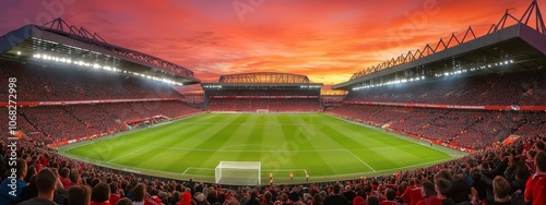 A panoramic view of a vibrant football stadium filled with fans at sunset.