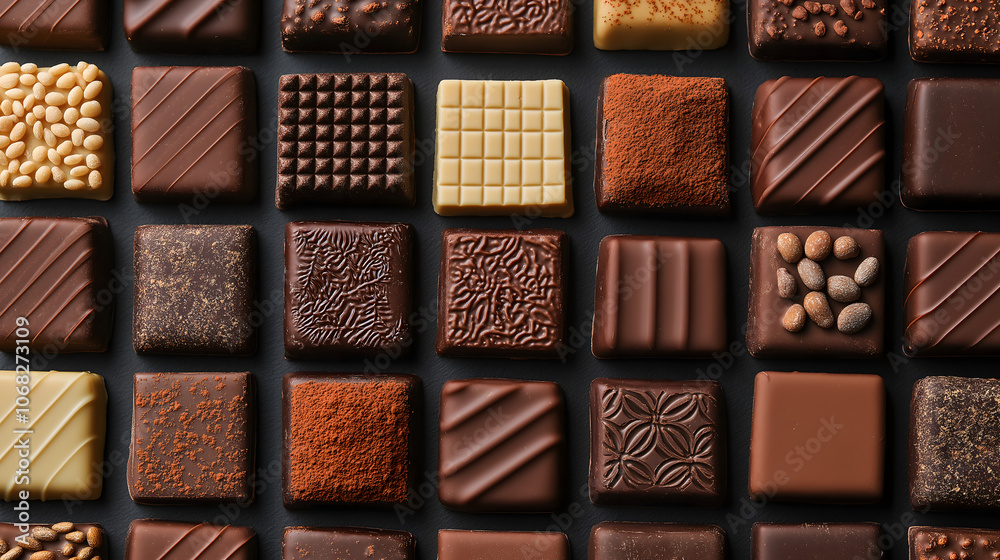 Luxury Chocolate Assortment, Top View with Fine Details Luxury Chocolate Assortment, Top View with Fine Details