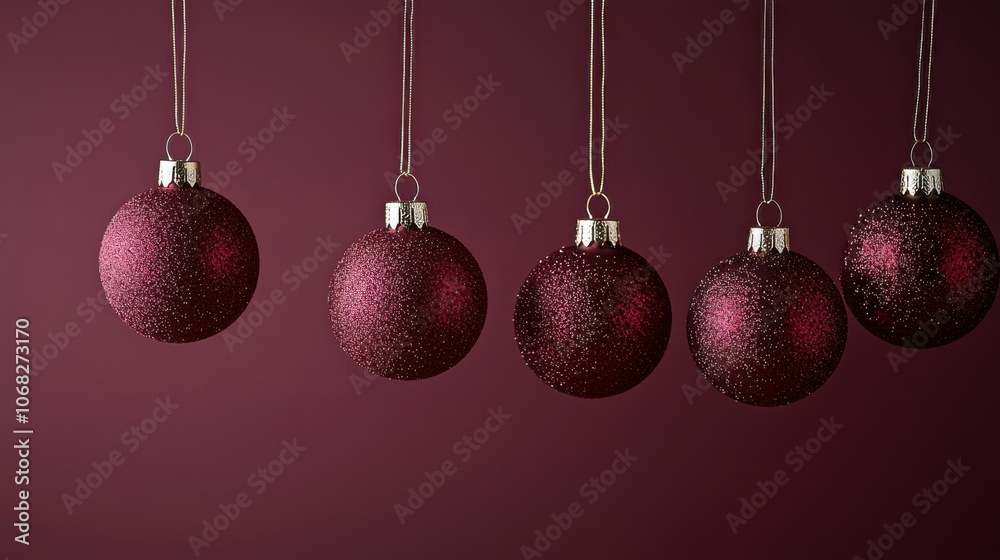 A collection of five sparkling red Christmas ornaments hanging against a deep burgundy background, evoking a festive atmosphere.
