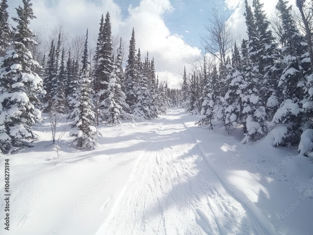 Snow-covered path through a forest of tall evergreen trees. Snow-covered path through a forest of tall evergreen trees.