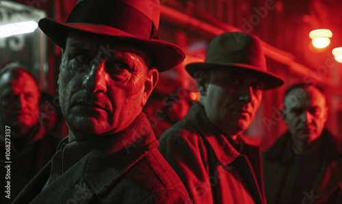 Film noir-style scene with men in fedora hats illuminated by dramatic red lighting, creating a moody and mysterious atmosphere reminiscent of vintage crime movies