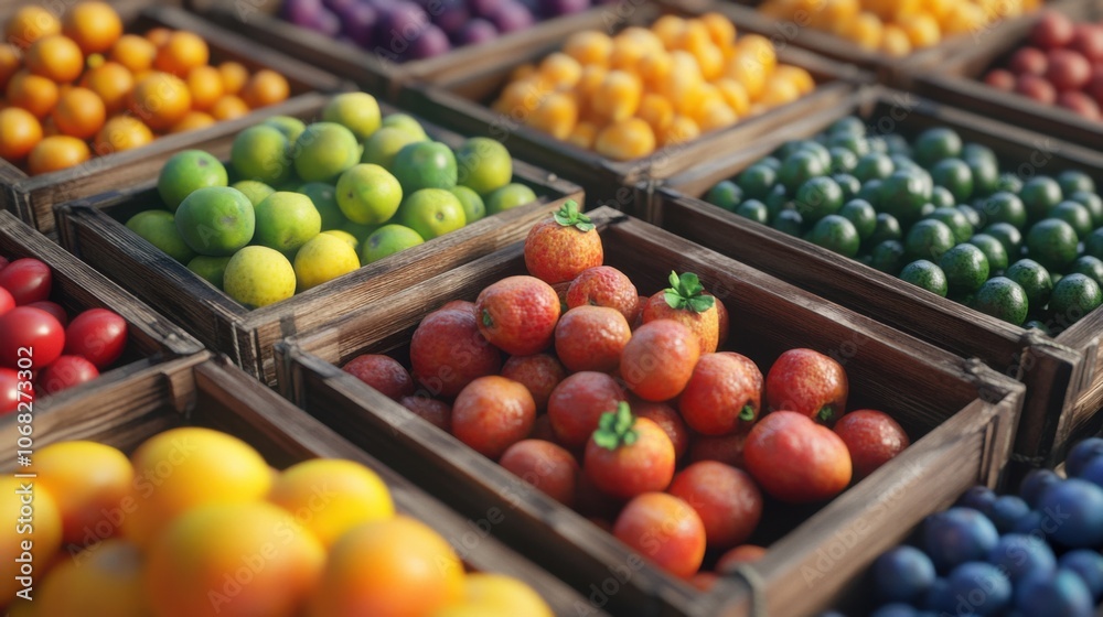 Fresh fruits crates showcase perishability diversity produce Fresh fruits crates showcase perishability diversity produce