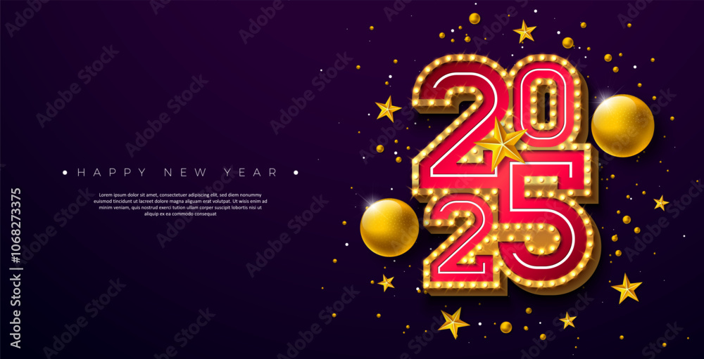 2025 Happy New Year Illustration with 3d Glowing Light Bulb Billboard Typography Lettering, Christmas Ball and Golden Star on Red Background. Holiday Design for Party Flyer, Celebration Banner 2025 Happy New Year Illustration with 3d Glowing Light Bulb Billboard Typography Lettering, Christmas Ball and Golden Star on Red Background. Holiday Design for Party Flyer, Celebration Banner
