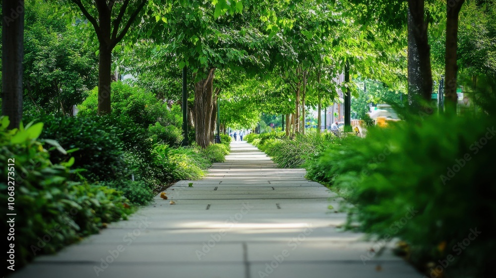 Sidewalk lined with plants trees eco-friendly urban living pedestrian health walkway design Sidewalk lined with plants trees eco-friendly urban living pedestrian health walkway design