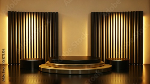 A minimalist product display with a circular stage and two backdrop panels of black vertical slats with gold accents.
