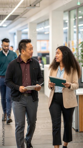 Diverse office team, asian man and biracial woman discuss work while walking photo