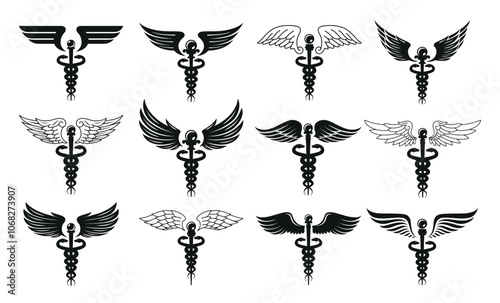 Caduceus health and medical black minimalist icon set vector flat illustration