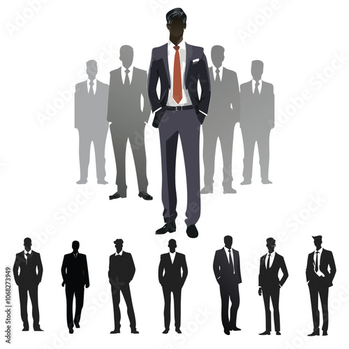 Silhouettes of professional men in suits, with a central figure standing confidently, ideal for business, leadership, and corporate themes. Perfect for projects related to professionalism and business