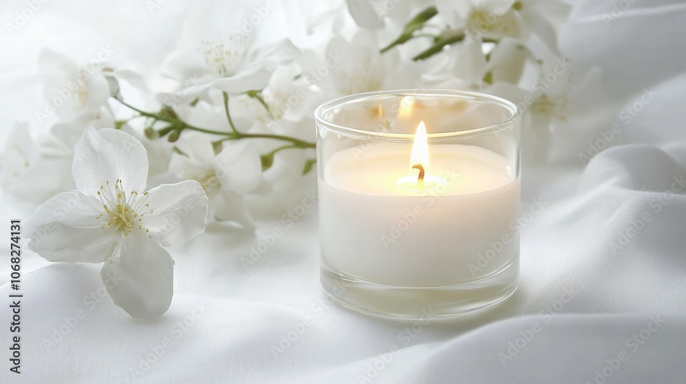 White Candle with Blooming Flowers on White Fabric Relaxation and Tranquility White Candle with Blooming Flowers on White Fabric Relaxation and Tranquility