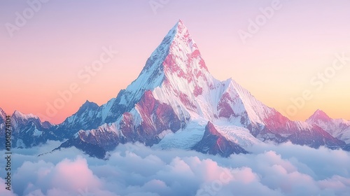 A majestic snow-capped mountain rising above soft clouds at sunrise.