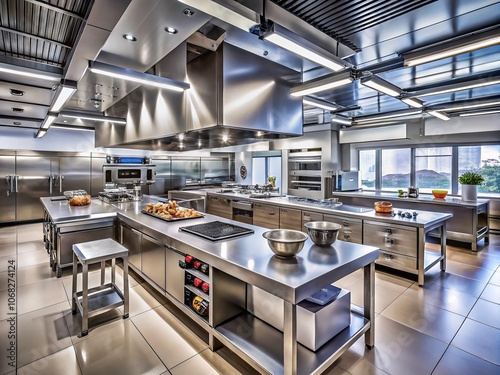 Panoramic View of an Empty Michelin Star Kitchen Setup, Showcasing Modern Culinary Equipment, Sleek Workspaces, and Pristine Surfaces Awaiting Gourmet Creations