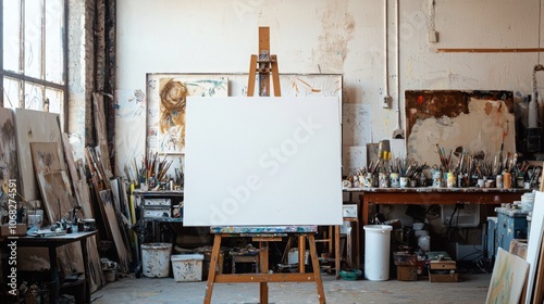 Blank Canvas on Easel in Artist Studio Creative Space Painting Supplies Art Supplies