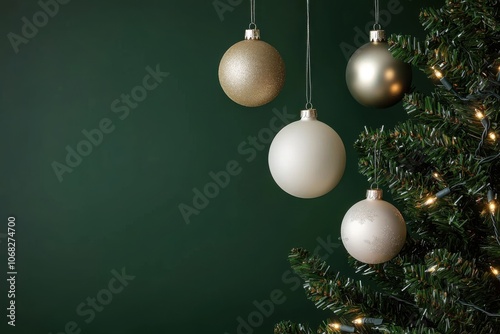 A festive scene featuring a decorated Christmas tree with ornaments in gold and white against a dark green background.