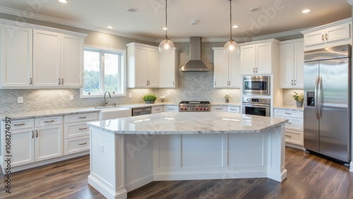 Bright and Spacious Kitchen Design with Elegant White Cabinetry and Marble Accents