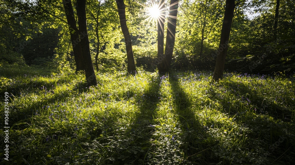 Obraz premium Golden Hour Magic: Enchanting Forest Scene with Luminous Bluebells and Long Shadows