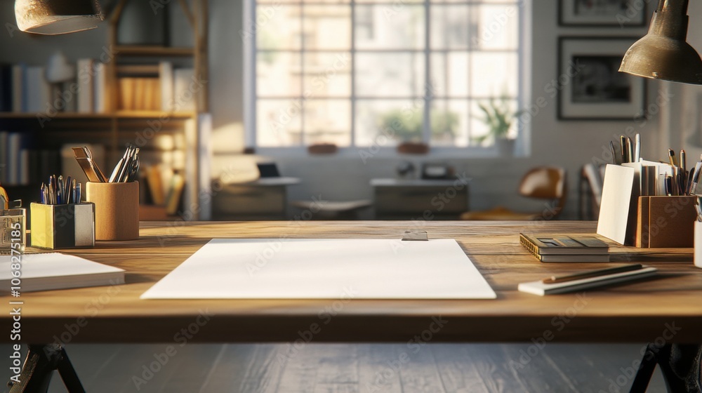 Desk with blank papers and tools in minimal space Desk with blank papers and tools in minimal space