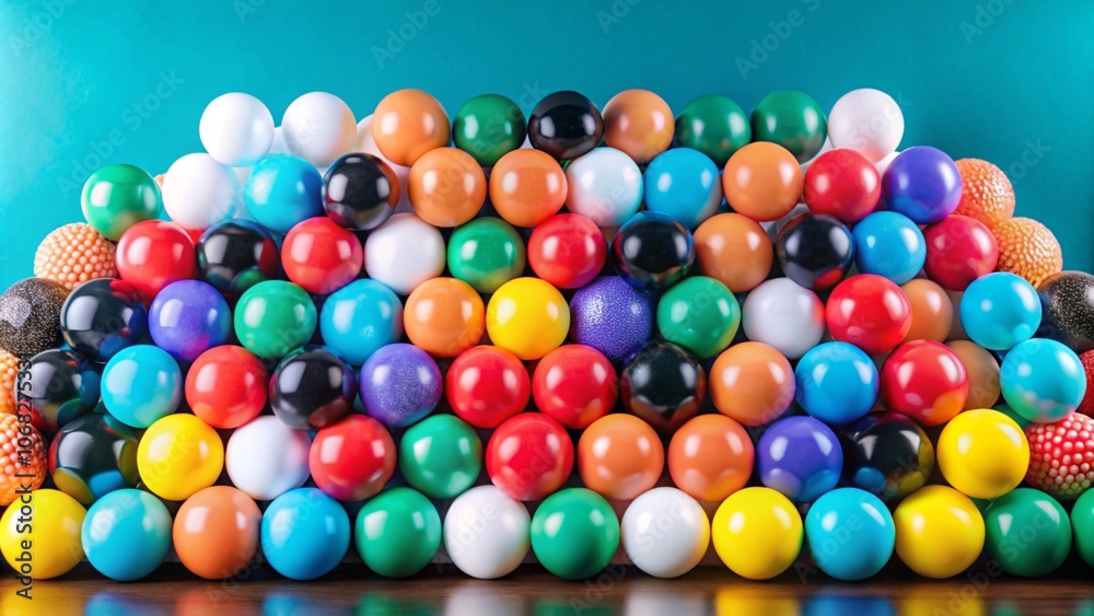 A colorful arrangement of balls in a pyramid shape against a turquoise background. A colorful arrangement of balls in a pyramid shape against a turquoise background.